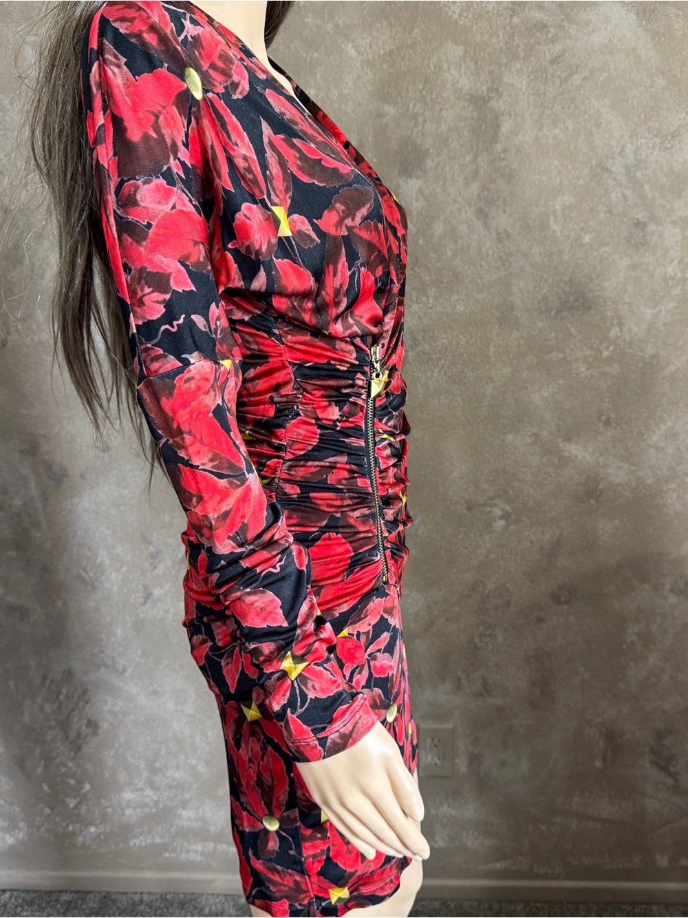 Designer Class ROBERTO CAVALLI Red Floral Ruched V-Neck Dress Y2K Sz 6 - Picture 6 of 13